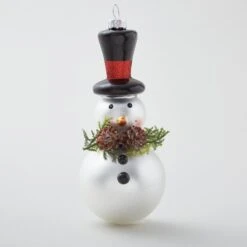 6.5" Matte White Blown Glass Snowman Ornament W/Pinecones