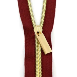 Sallie Tomato #5 Nylon Zipper Tape & Pulls - Burgundy With Gold Coil
